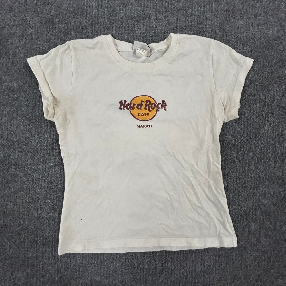 Hard Rock Cafe T-Shirt Womens Size M White Makati Graphic Slim Fit Stained Fair